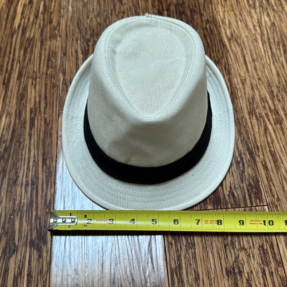 Vintage cream off-white black trim woven fabric fedora hat one size - Picture 11 of 13